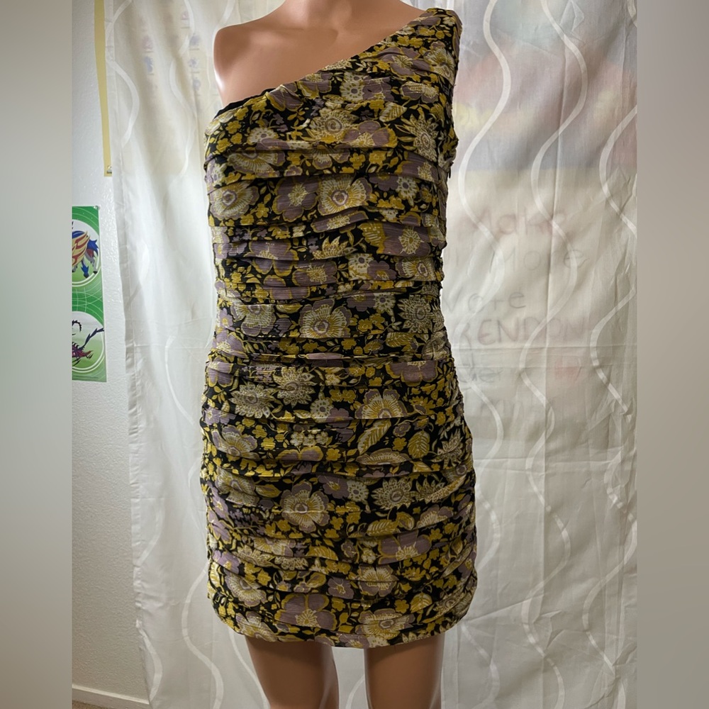 Zara one shoulder metallic floral ruched mine dress, gold and purple.